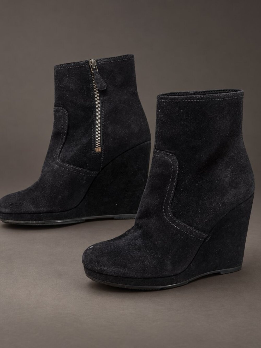 PRADA Black Suede Wedge Ankle Boots Hidden Platform Side Zip Size 35 US 5